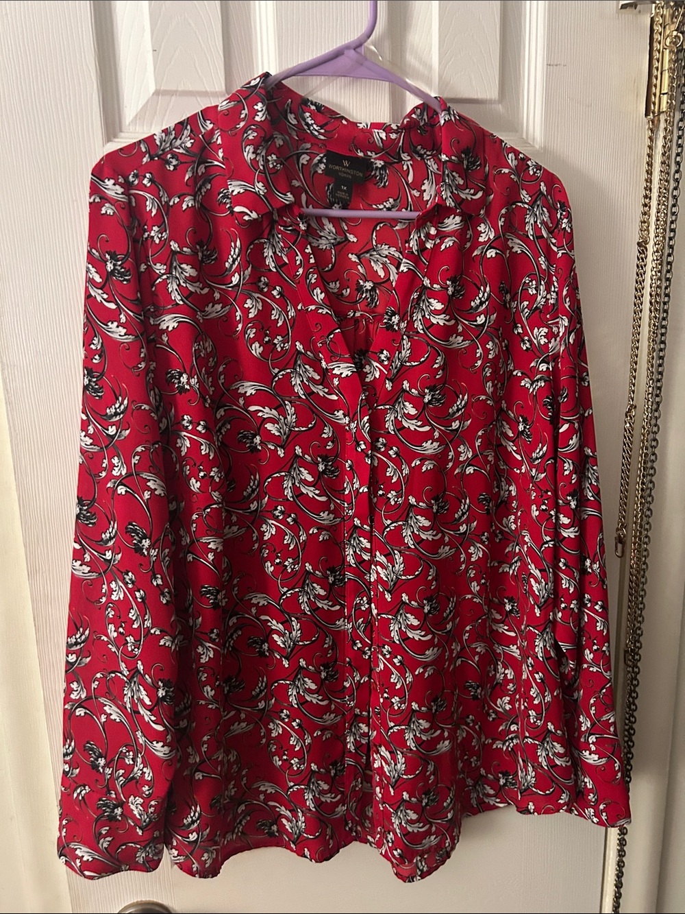 Worthington Red Floral Scroll Button-Down Blouse